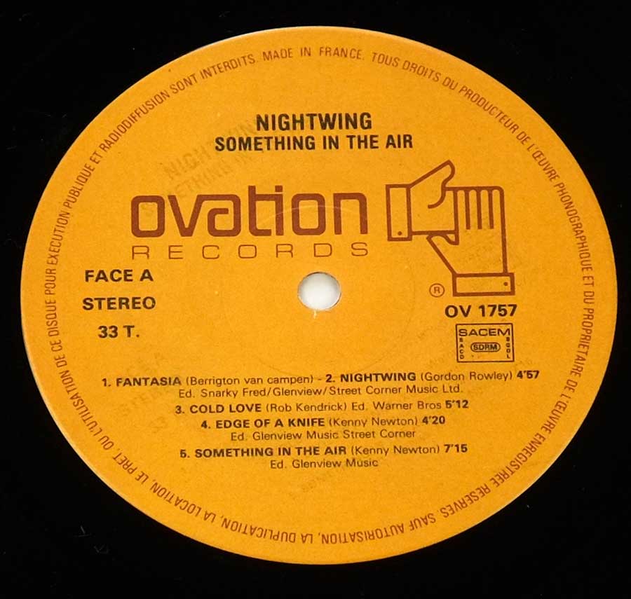 Close up of record's label NIGHTWING - Something in the Air 12" LP ALBUM VINYL  Side One