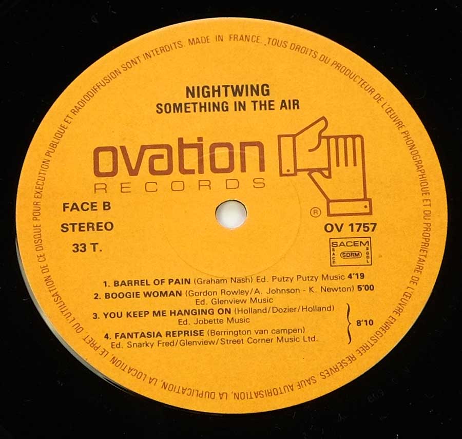 Close up of record's label NIGHTWING - Something in the Air 12" LP ALBUM VINYL  Side Two