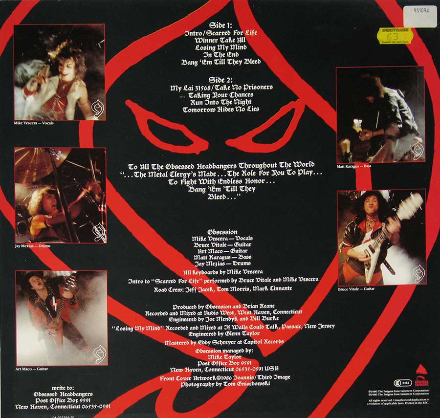 OBSESSION - Scarred For Life 12" VINYL LP ALBUM back cover