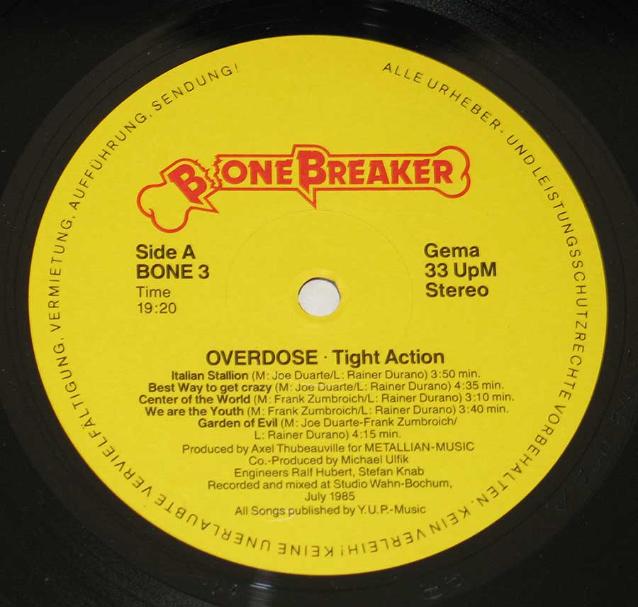 "Tight Action by Overdose" Yellow Colour Bonebreaker Record Label Details: Bonebreaker BONE 3 