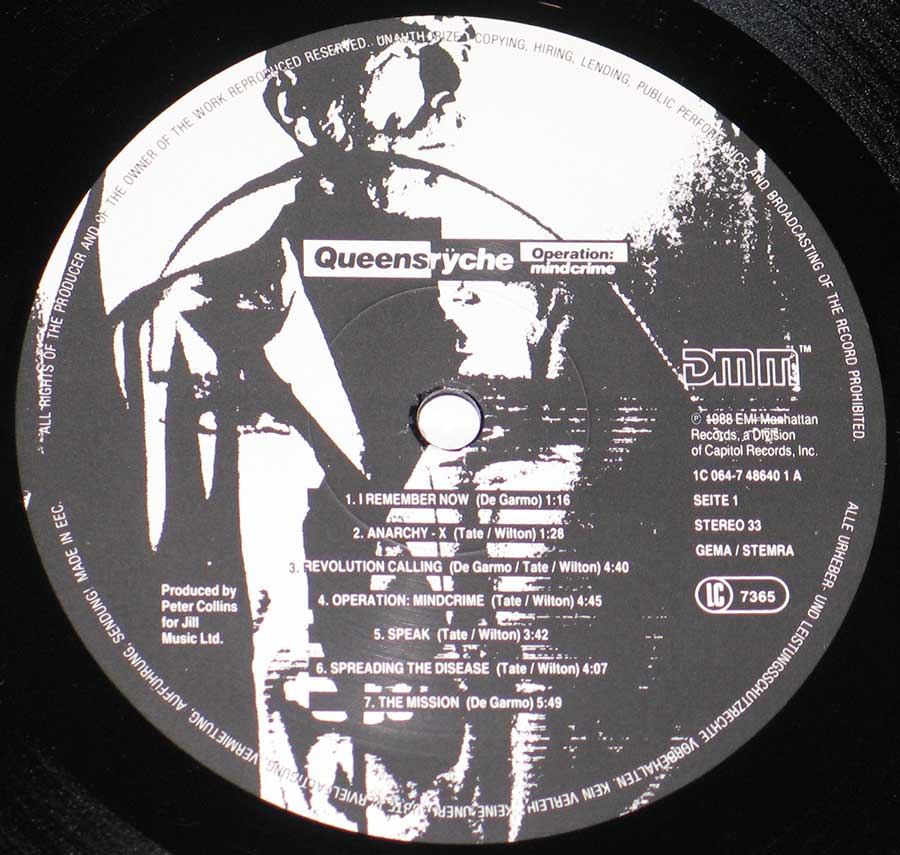 Close up of record's label Queensryche - Operation Mindcrime DMM 12" vinyl LP album Side One
