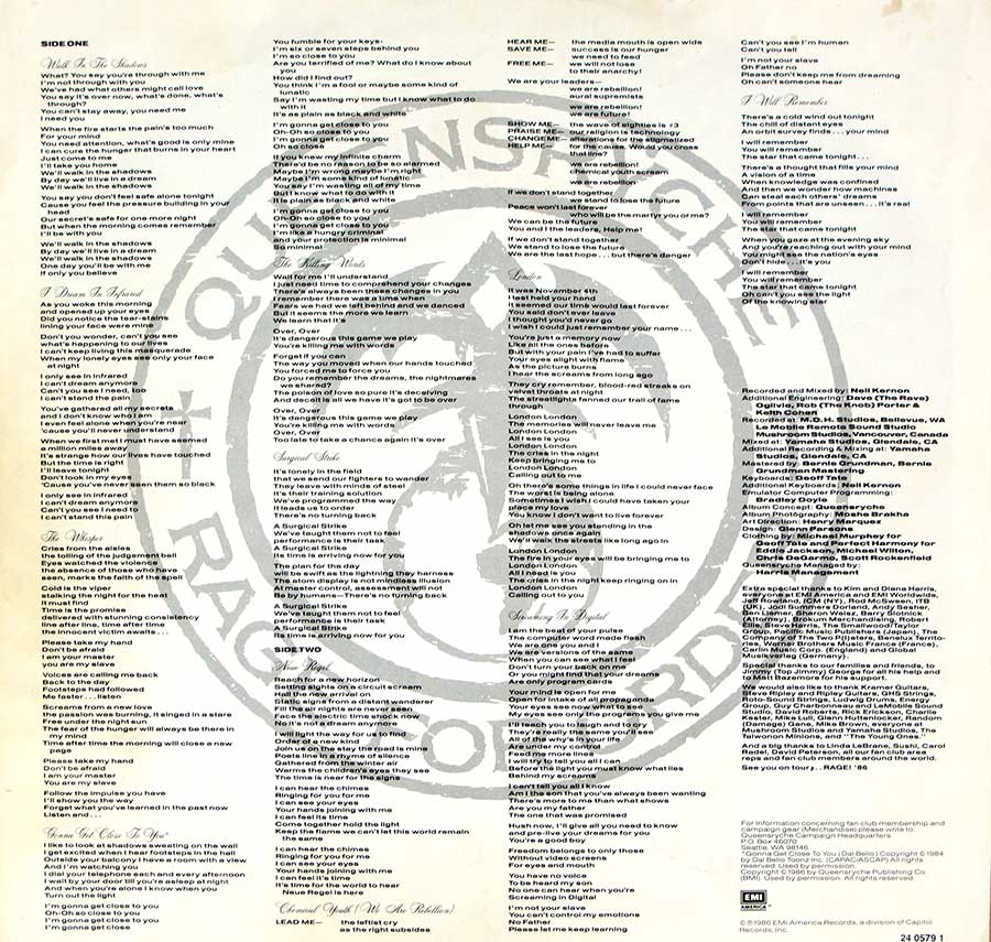 Photo Two of the original custom inner sleeve  QUEENSRYCHE - Rage For Order German release 12" Vinyl LP Album
