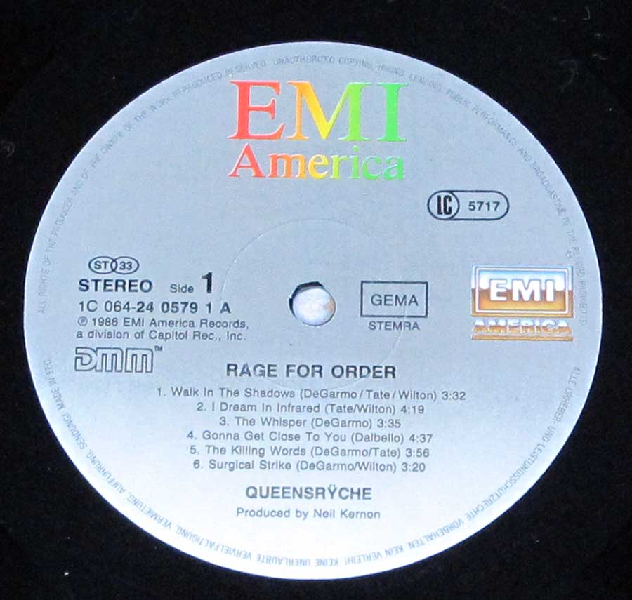 Close up of record's label QUEENSRYCHE - Rage For Order German release 12" Vinyl LP Album
 Side One