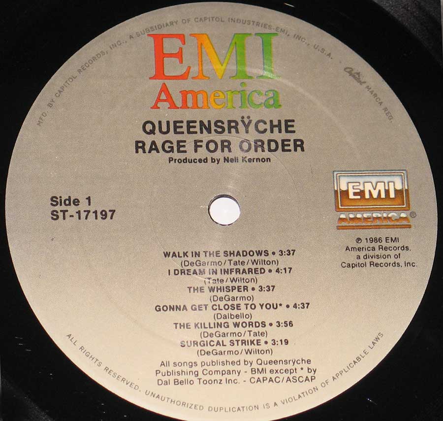 Close up of record's label QUEENSRYCHE - Rage For Order USA Import 12" Vinyl LP Album Side One