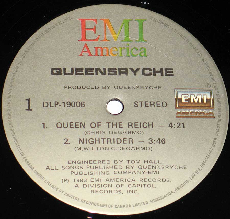 Close up of record's label Queensryche - self-titled 12"Vinyl EP Album Side One