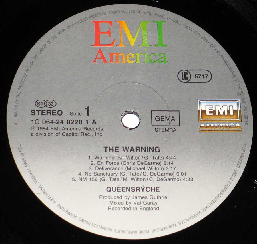 Close up of Side One Queensryche - The Warning 