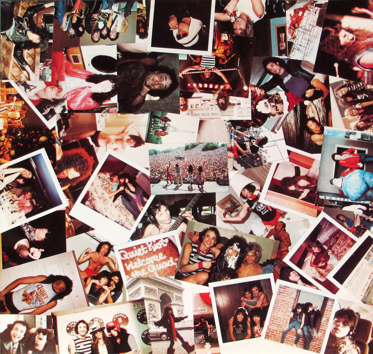 "Condition Critical" custom inner sleeve Side one of the custom inner sleeve is a collage of many small photos of the "Quiet Riot" band members fooling around.
