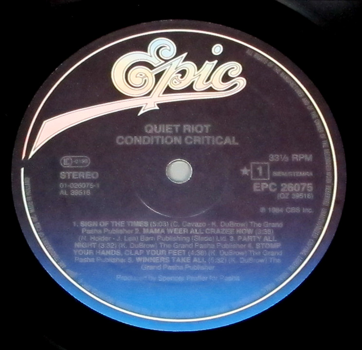 Close up of Side One record's label "Condition Critical"