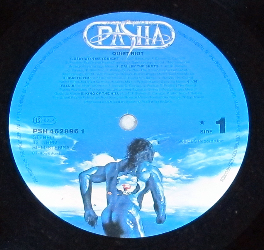 Close up of Side One record's label QUIET RIOT  IV