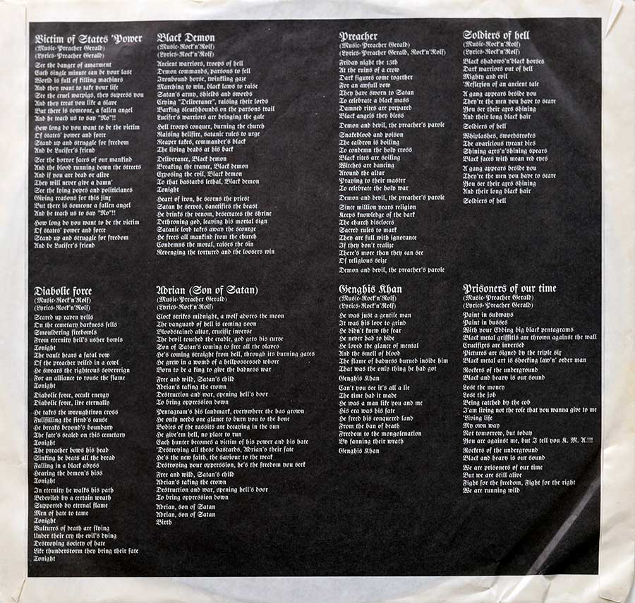 Lyrics of all the songs on the album "Gates To Purgatory" printed on the original custom inner sleeve 
