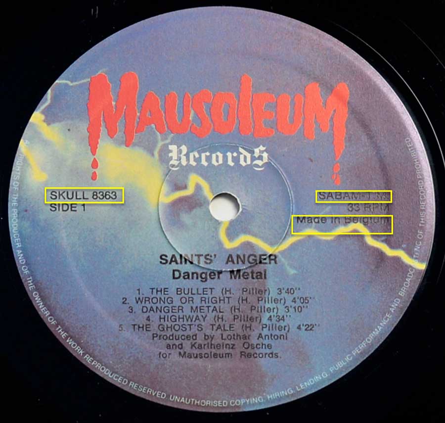 Close up of record's label SAINTS ANGER - Danger Metal Side One