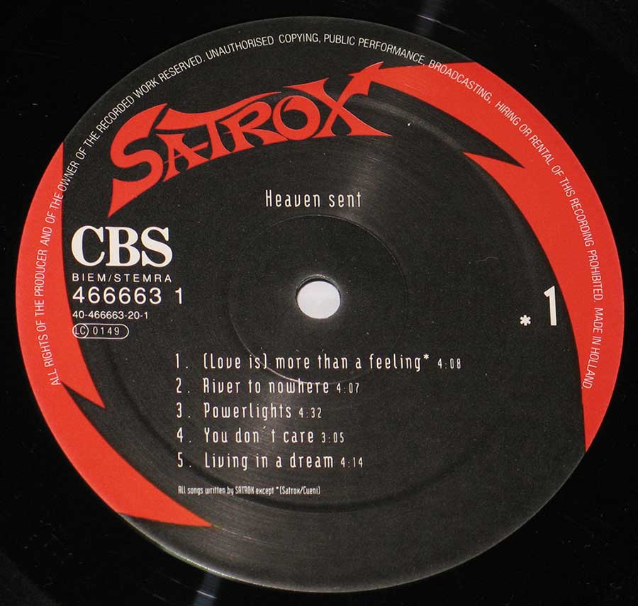 Close up of record's label SATROX - Heaven Sent 12" Vinyl LP Record  Side One