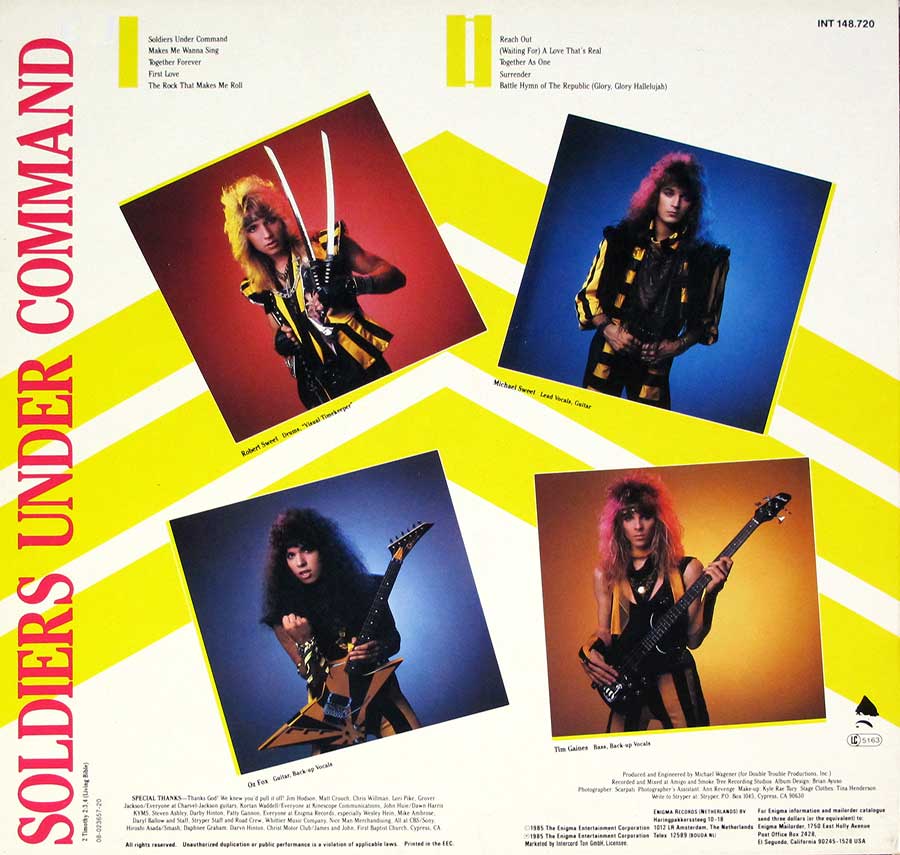 Photo of album back cover STRYPER - Soldiers under Command 12" Vinyl LP Album