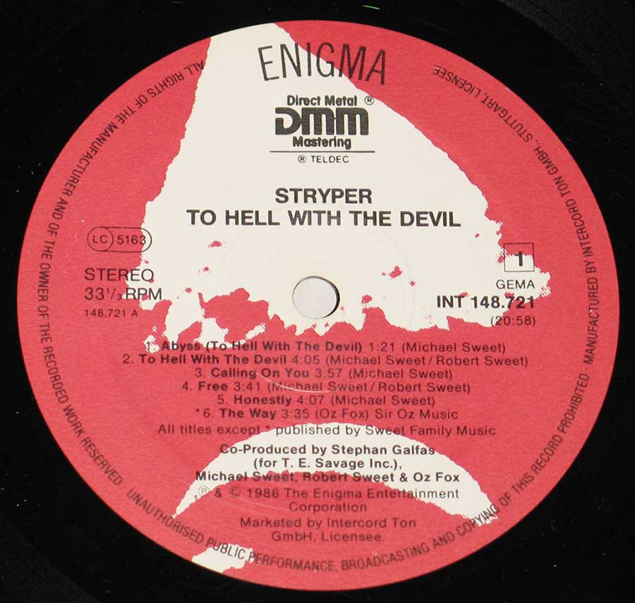 Close up of record's label STRYPER - To Hell with the Devil 12" Vinyl LP Album Side One