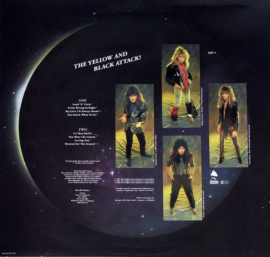 Photo of album back cover STRYPER - The Yellow and Black Attack 12" Vinyl LP Album

