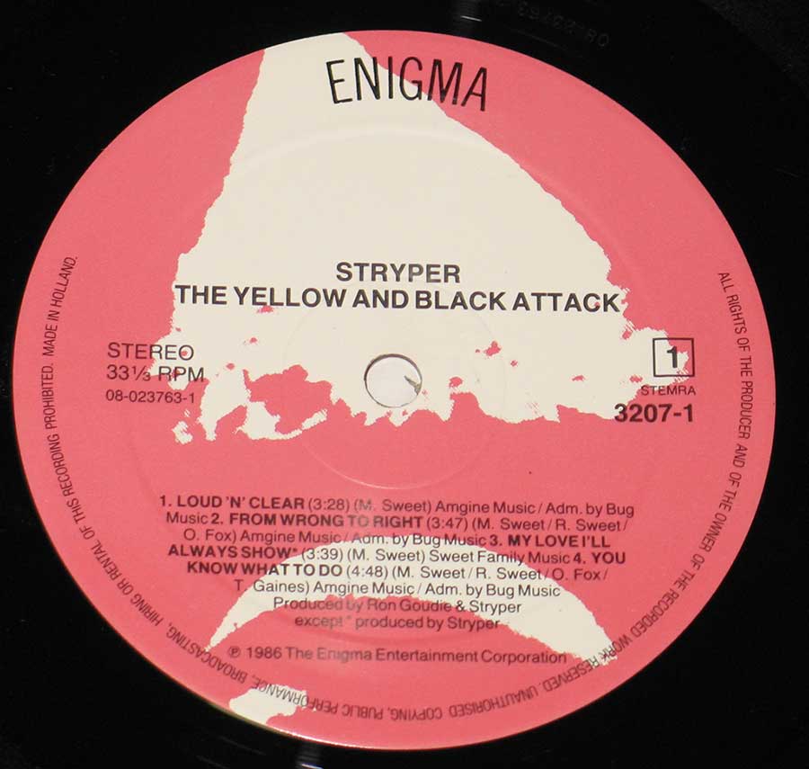 Close up of record's label STRYPER - The Yellow and Black Attack 12" Vinyl LP Album
 Side One