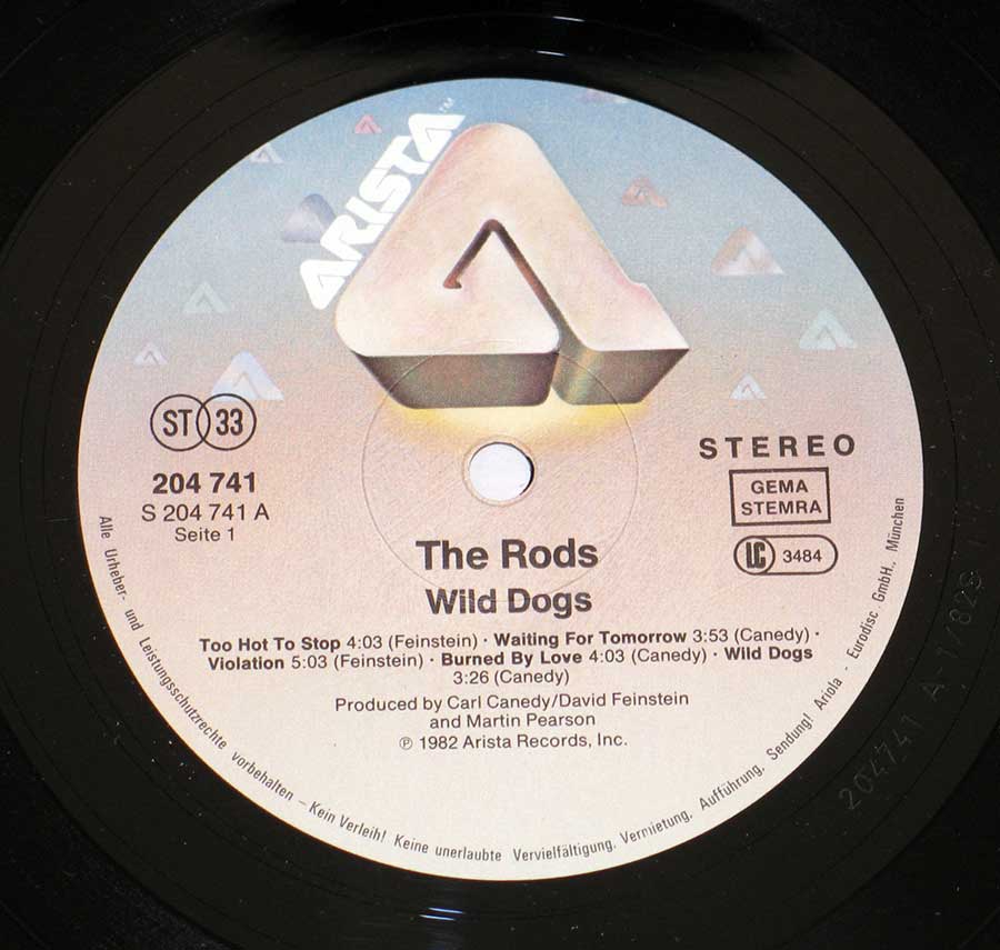Close up of record's label THE RODS - Wild Dogs Side One