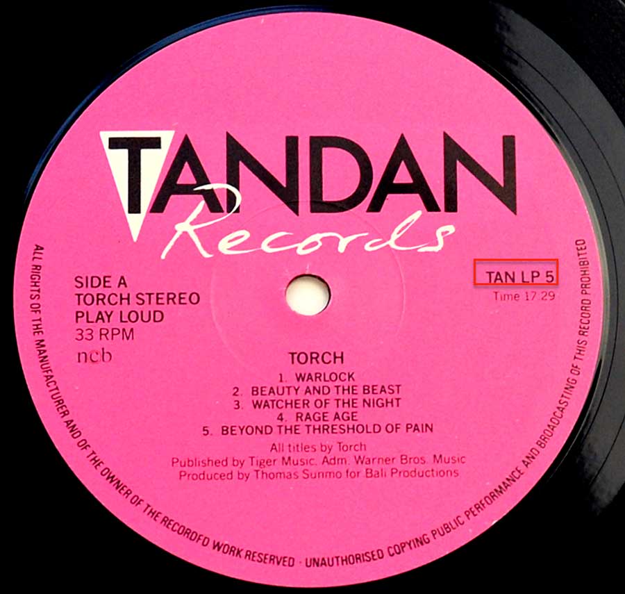 Close up of record's label TORCH - Self-Titled Gatefold TANDAN ORIG SWEDEN Side One