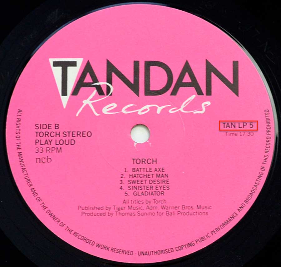Close up of record's label TORCH - Self-Titled Gatefold TANDAN ORIG SWEDEN Side Two