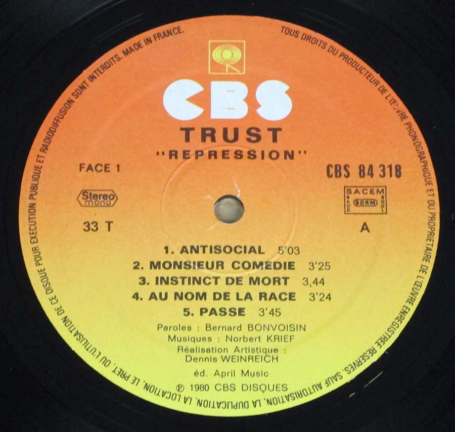 Close-up Photo of "TRUST Repression" Record Label 