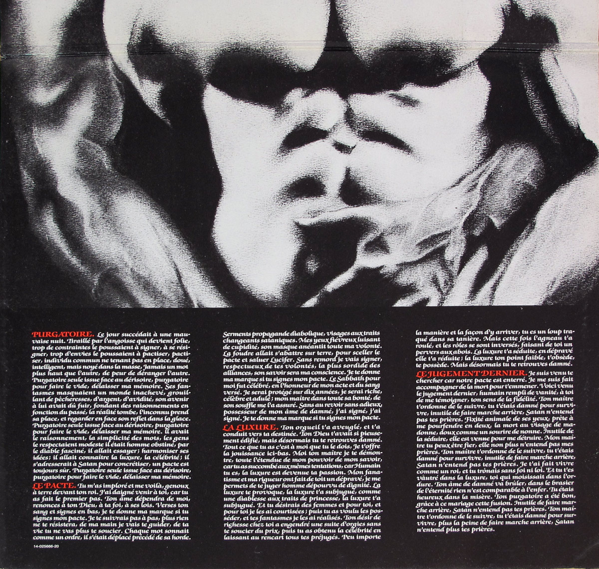 Second inner sleeve image of TRUST’s Idéal showing a close-up black-and-white torso photograph above dense French text blocks printed across the lower half of the sleeve.