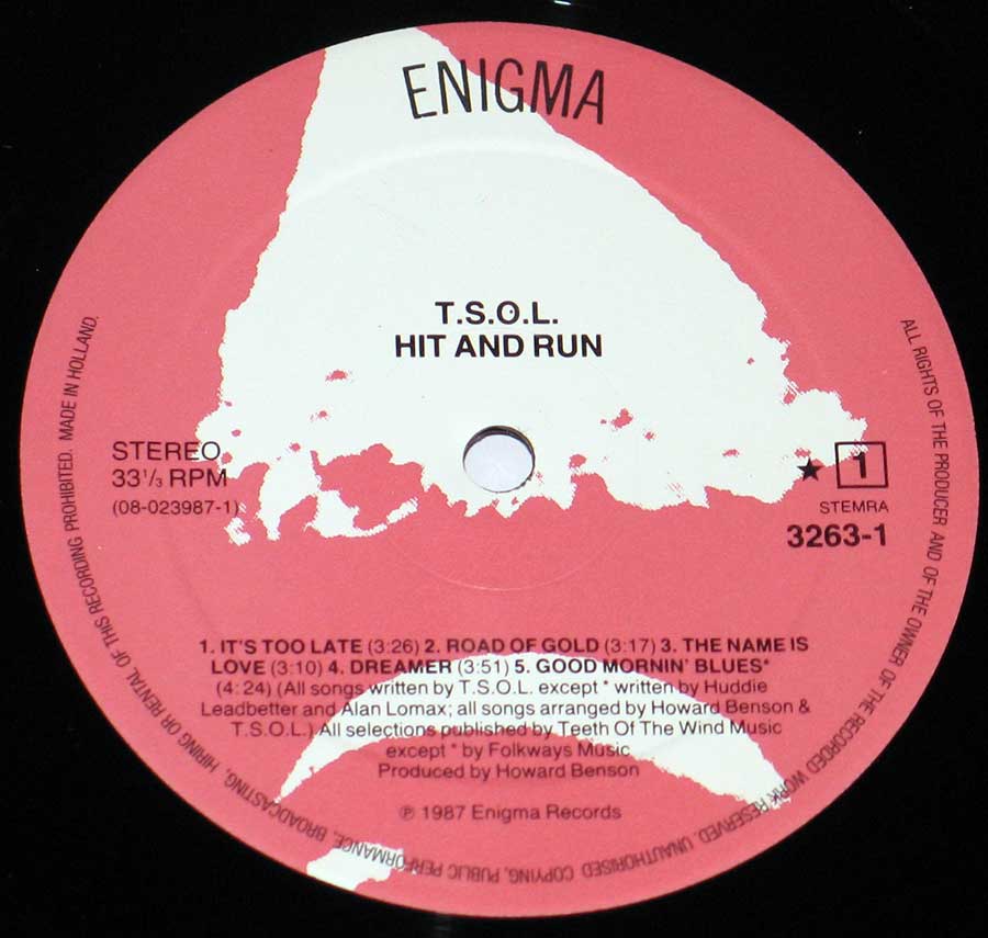 "Hit And Run" Red and White Colour ENIGMA Record Label Details: ENIGMA Records 3263-1 ℗ 1987 Engima Records Sound Copyright 