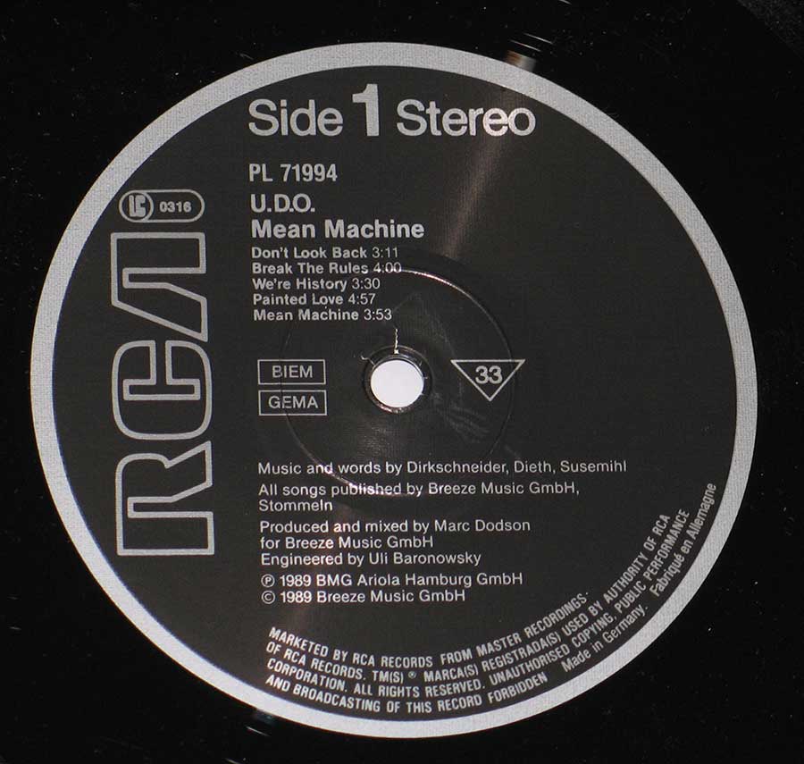 "Mean Machine" Black Colour RCA Record Label Details: RCA PL 71994 © 1989 Breeze Music Copyright ℗ BM Ariola Hamburg GMBH Sound Copyright 