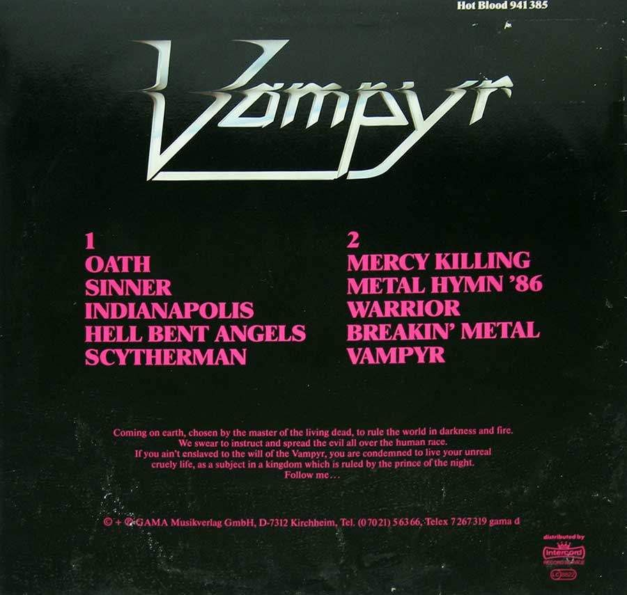 VAMPYR - Cry Out For Metal 12" VInyl LP Album
 back cover