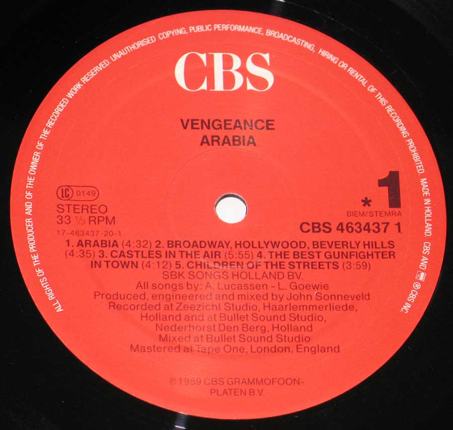 Close up of record's label Vengeance - Ariaba Side One