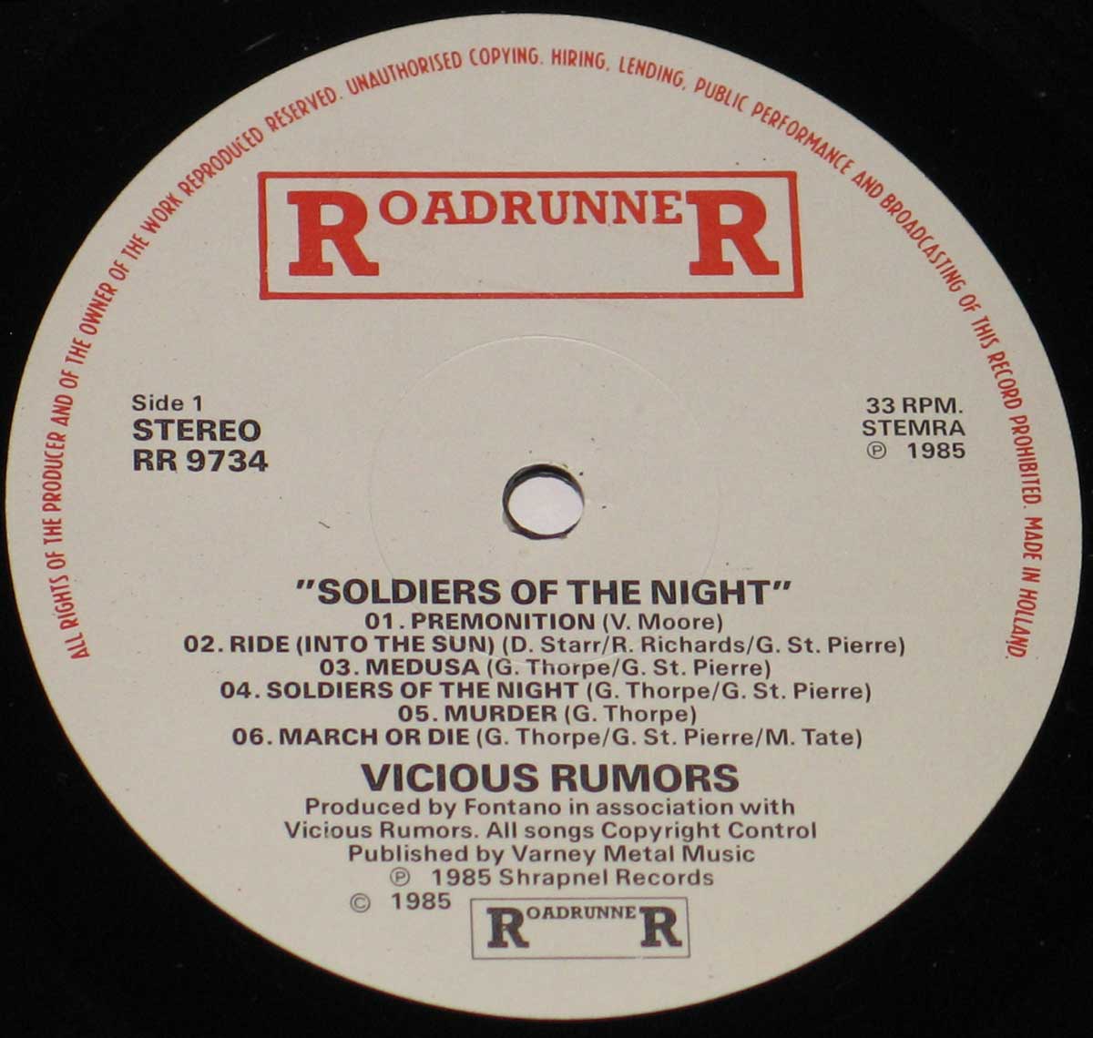 Enlarged High Resolution Photo of the Record's label Vicious Rumors Soldiers of the Night https://vinyl-records.nl