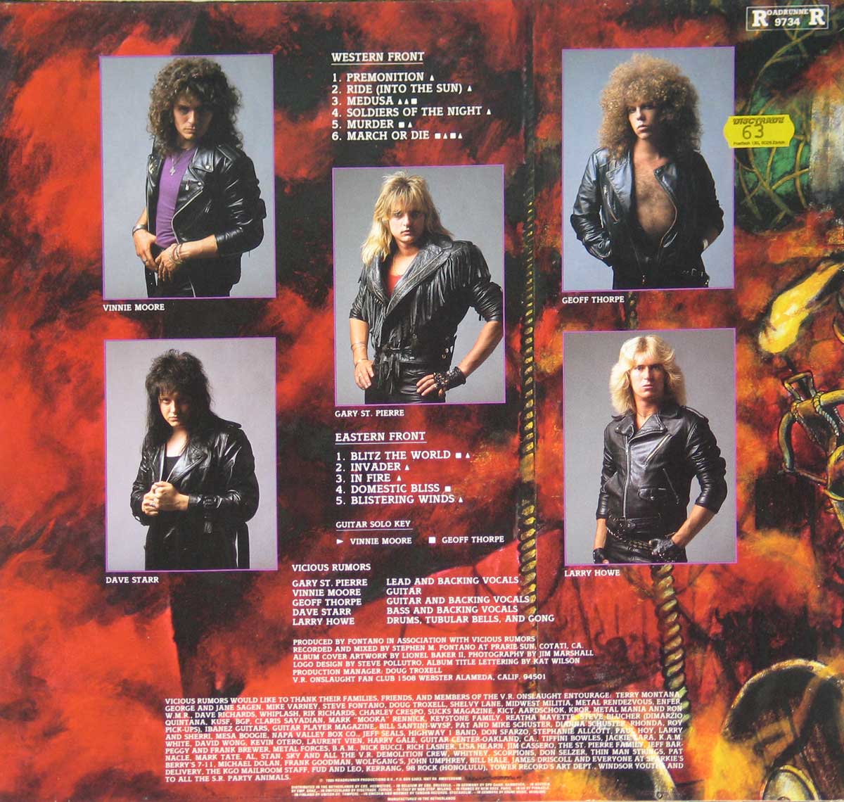 Back cover of Vicious Rumors – Soldiers of the Night featuring band portraits of Vinnie Moore, Gary St. Pierre, Geoff Thorpe, Dave Starr, and Larry Howe against a fiery battlefield background. The tracklist is divided into 'Western Front' and 'Eastern Front,' emphasizing the album’s warlike theme. The Roadrunner Records logo appears in the top right corner alongside a vintage price sticker, while production credits and acknowledgments are listed at the bottom.