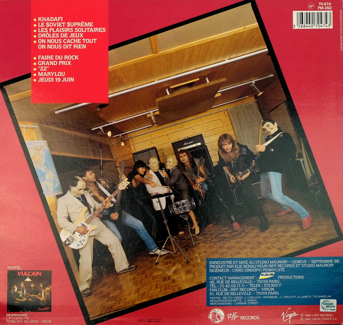 Back cover of Vulcain's Big Brothers LP showing the track list in a red box, band members in a studio with political masks, production credits, barcode and label info.