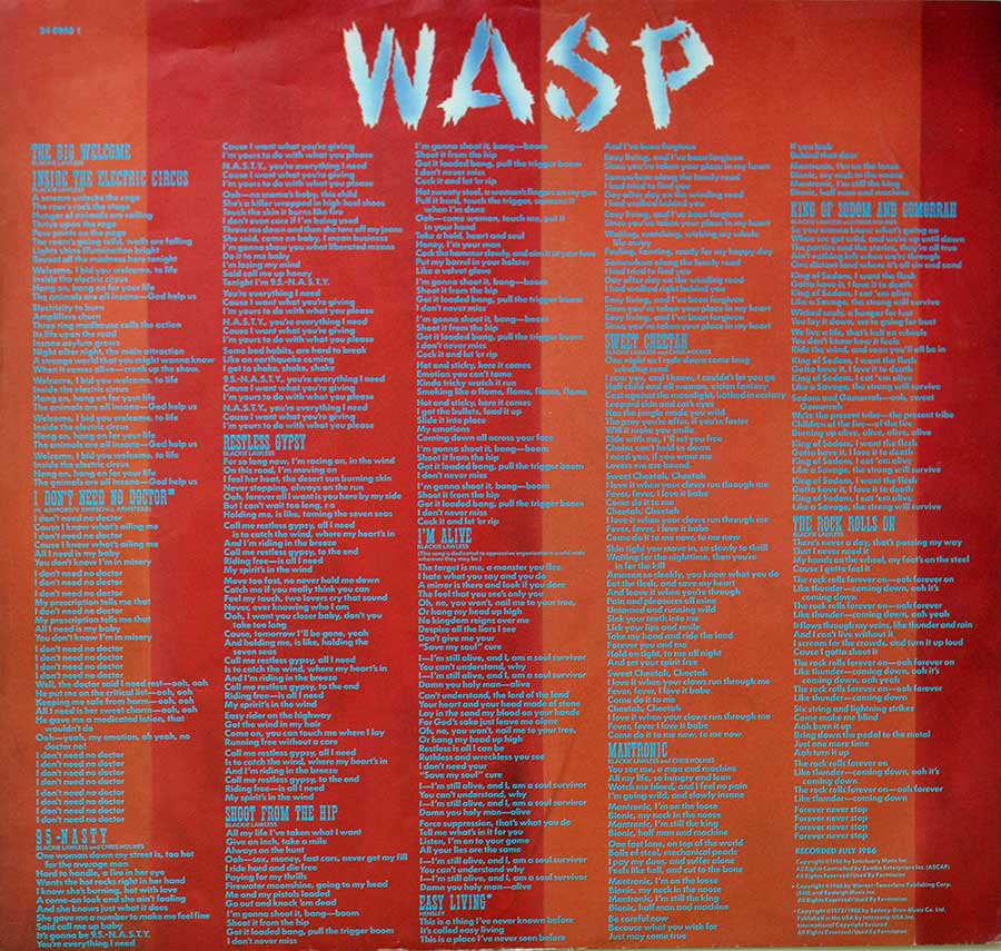 W.A.S.P - Inside the Electric Circus France Release 12" Vinyl LP Album 
 custom inner sleeve