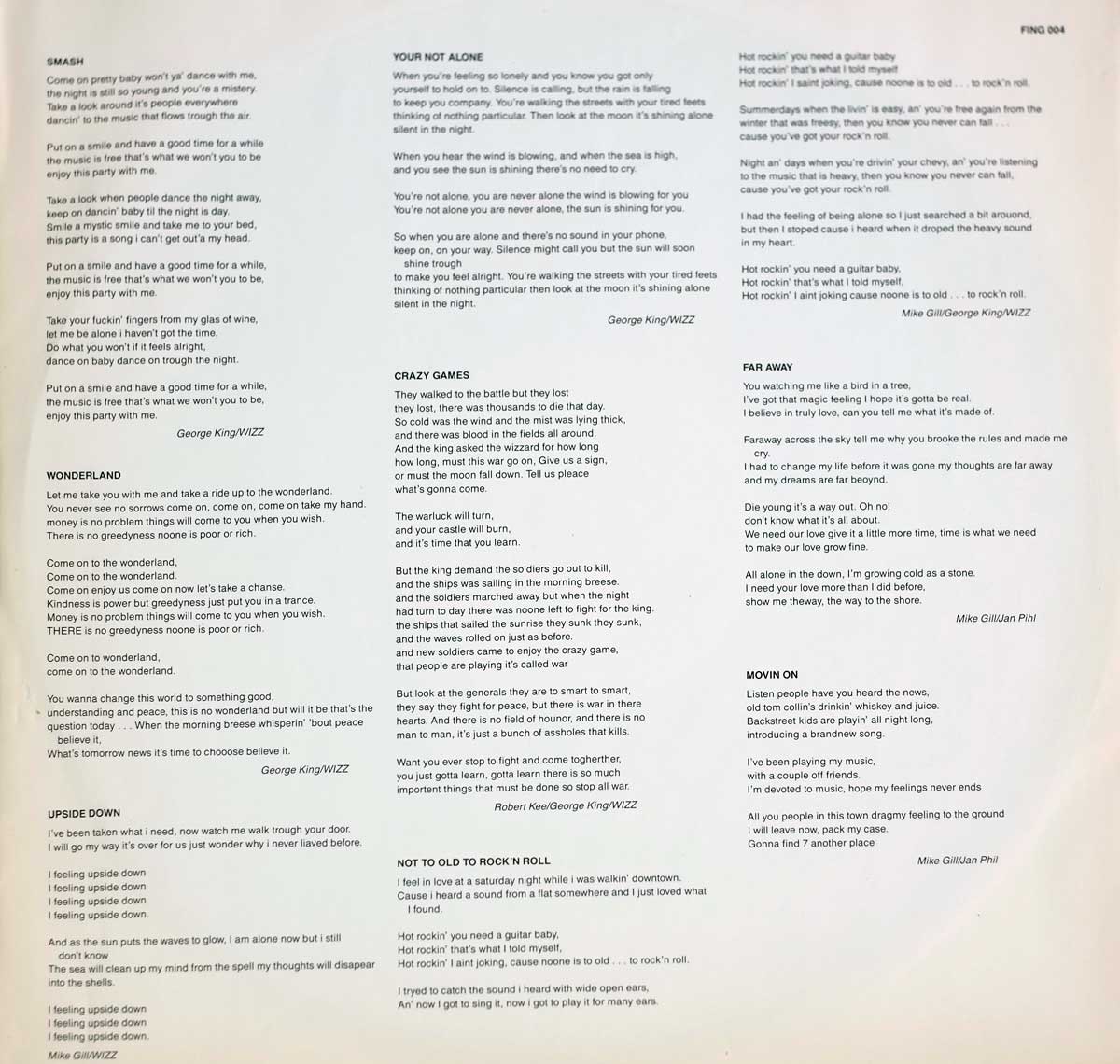 Inner Sleeve   of "WIZZ - Crazy Games" Album