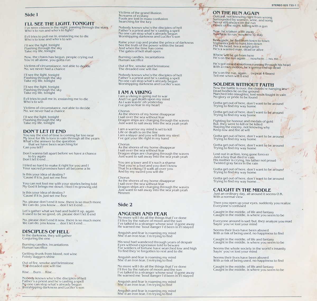 Lyrics of "YNGWIE MALMSTEEN'S RISING FORCE - Marching Out" Printed on the Album's Inner Sleeve  