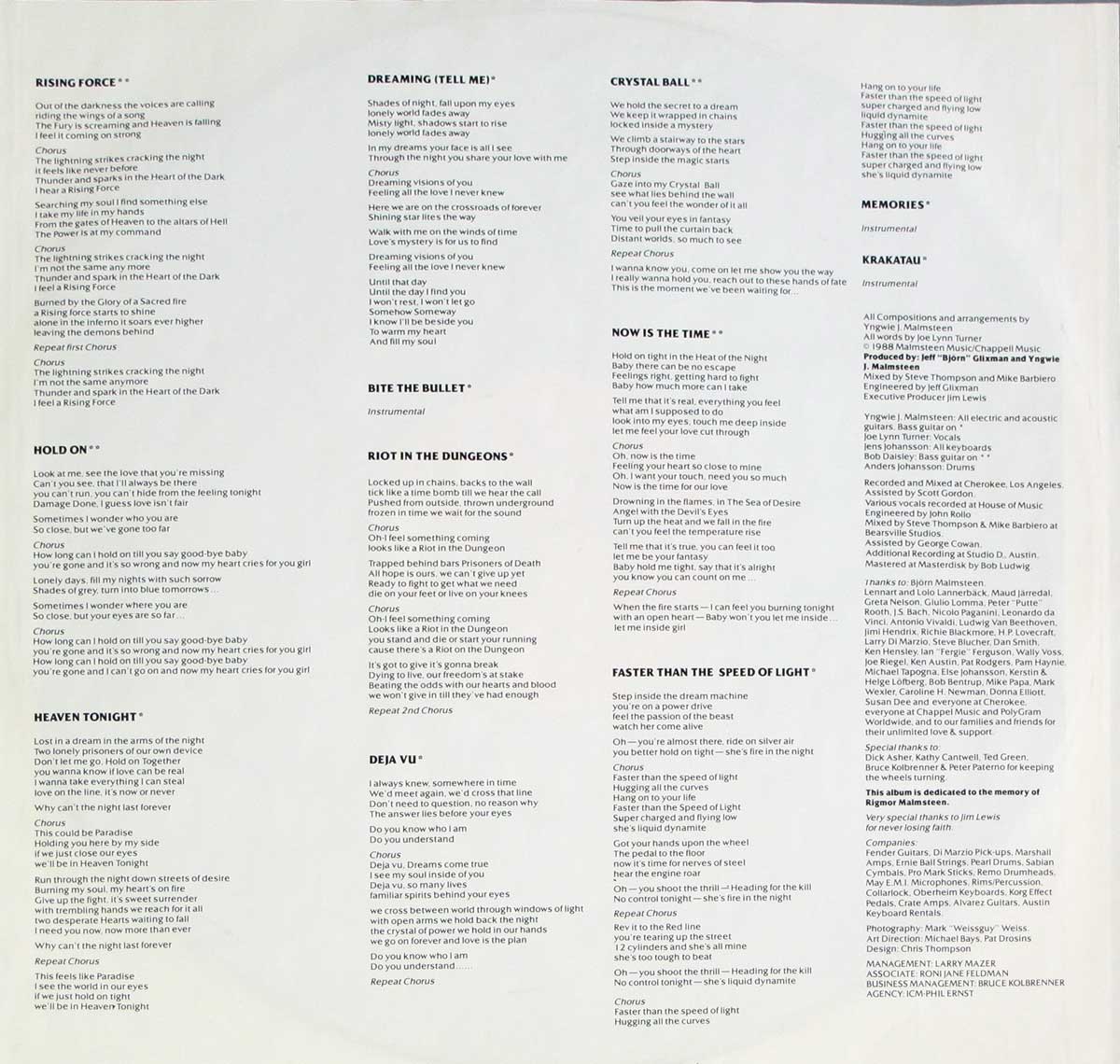 Inner Sleeve   of "YNGWIE J. MALMSTEEN RISING FORCE - Odyssey" Album