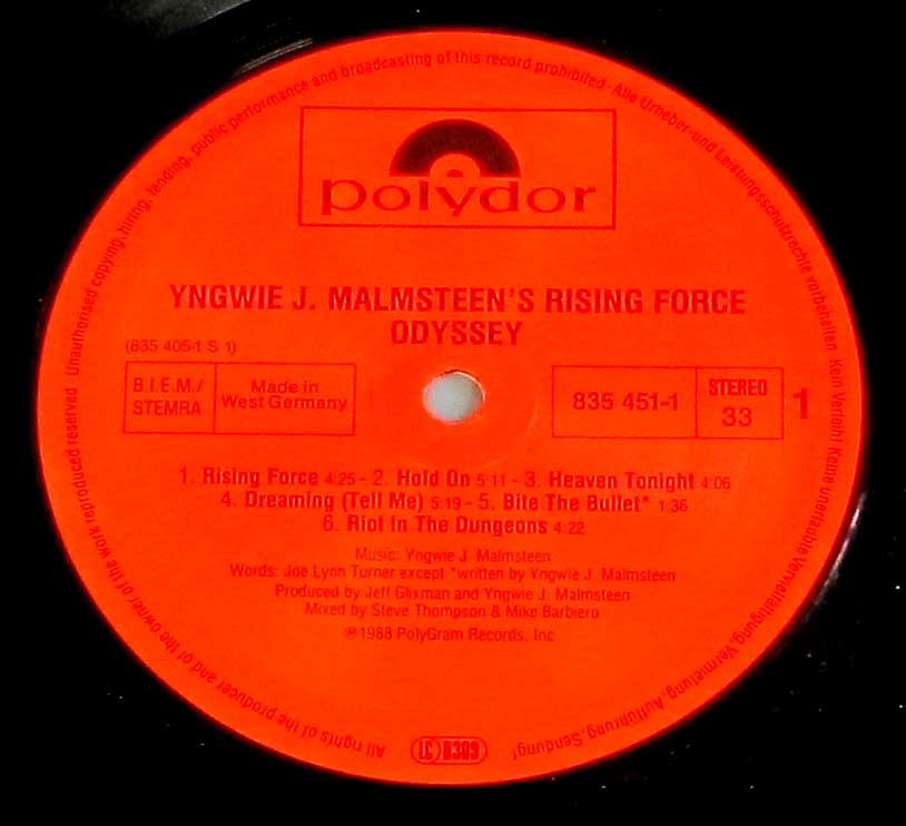 Photo of "YNGWIE J. MALMSTEEN RISING FORCE - Odyssey" Red Polydor Record Label