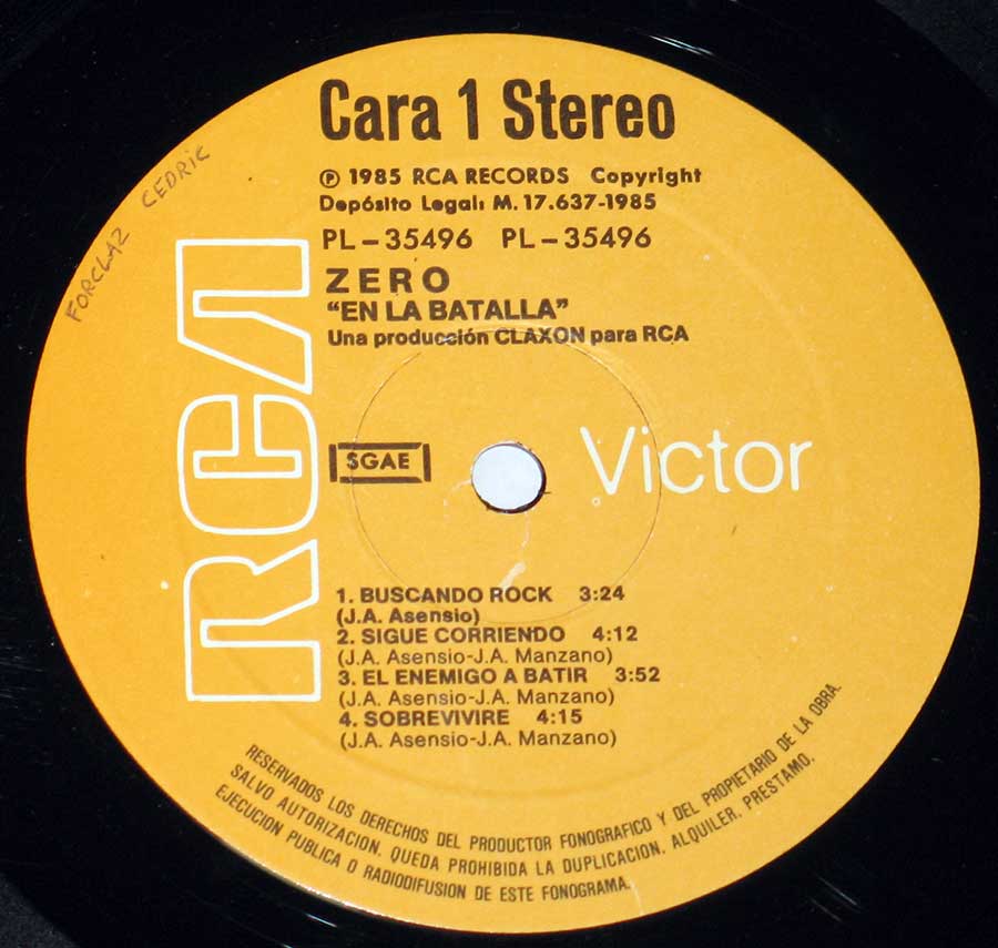 ZERO - En Al Batalla Spanish Pressing 12" Vinyl LP Album enlarged record label