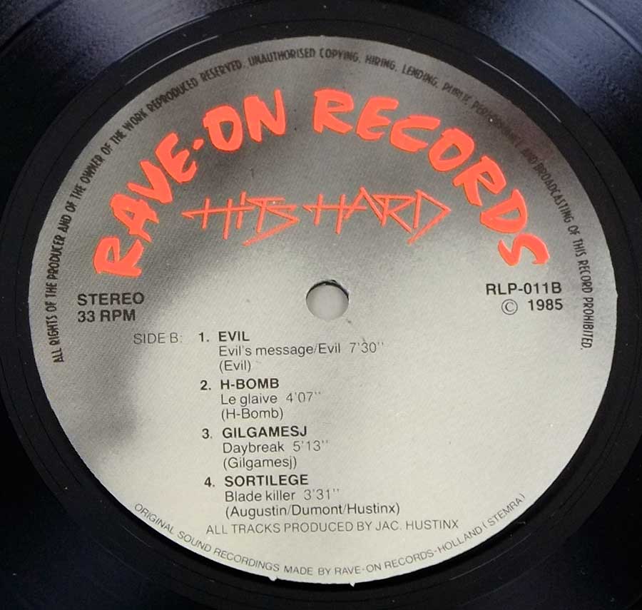 Close up of record's label VARIOUS ARTISTS - Rave-On Hits Hard with Mercyful Fate 12" LP ALBUM VINYL  Side Two