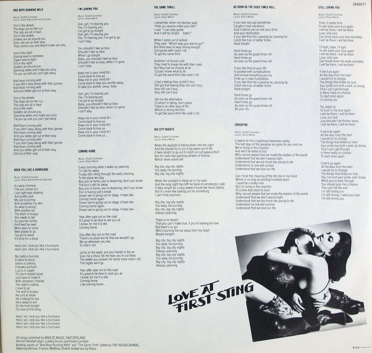 Scorpions Love at First Sting inner sleeve featuring full printed lyrics of all nine tracks in three columns and a black-and-white photo of the banned cover in the bottom right corner