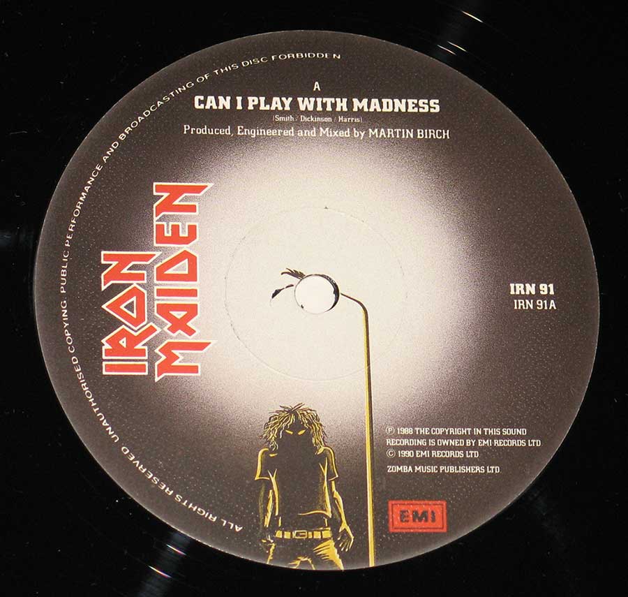 Close up of record's label IRON MAIDEN - Can I Play With Madness First Ten Years Double LP LTD ED 12" Vinyl LP Album  Side One