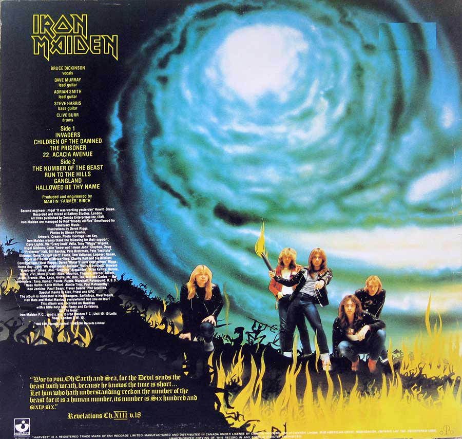 Album back cover of the Canadian release of "The Number of the Beast" by "Iron Maiden"