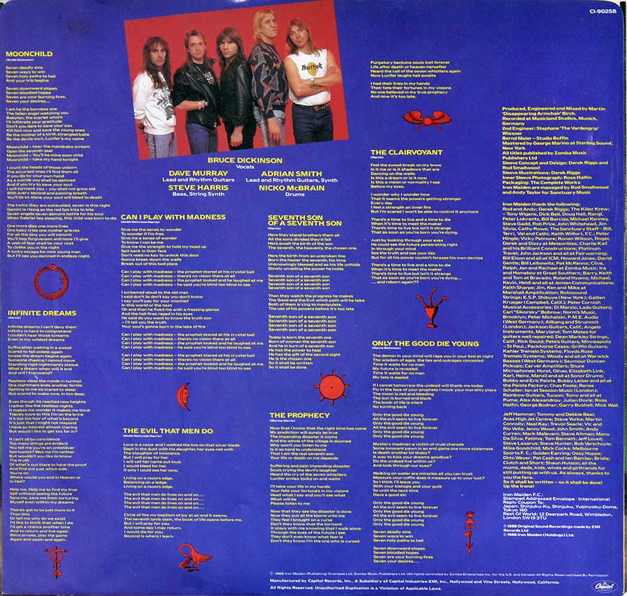 Lyrics of all the songs on "Seventh Son of a Seventh Son" and small colour photo of "Iron Maiden" band on one of the pages of the original custom inner sleev 