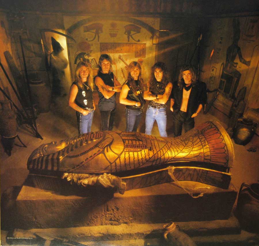 Full page photo of the "Iron Maiden" band on the original custom inner sleeve 