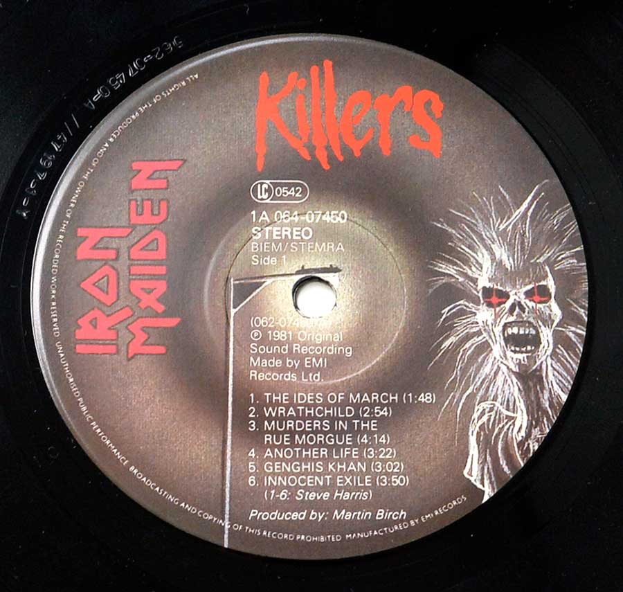 Close up of record's label IRON MAIDEN - Killers ( EU Release ) 12" Vinyl LP Album Side Two