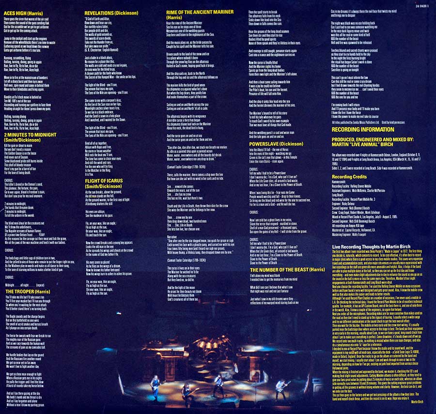 Photo Two of the original custom inner sleeve  IRON MAIDEN - Live After Death 2LP (incl. Booklet) (Europe)
