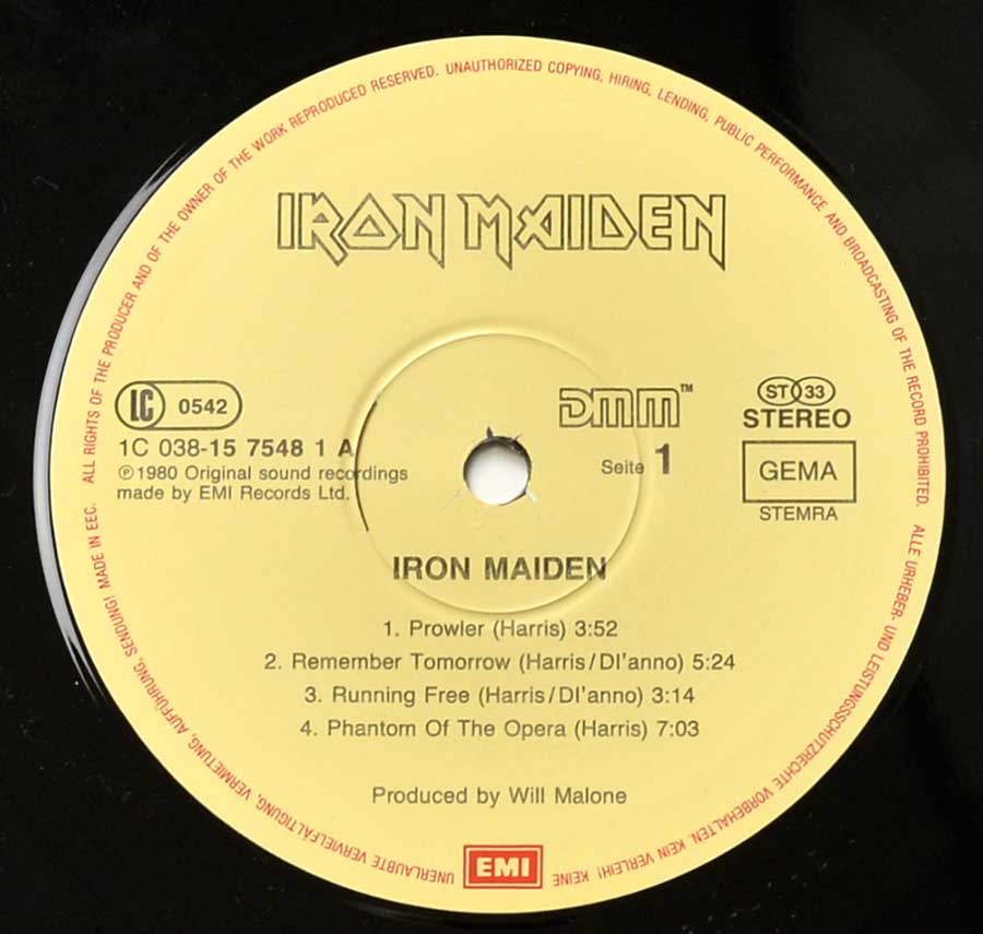 "Iron Maiden ( self-titled )" Record Label Details: Yellow Colour EMI 1C 038-15 7548 , LC 0542, DMM, Boxed GEMA, Unboxed STEMRA ℗ 1980 Sound Copyright 