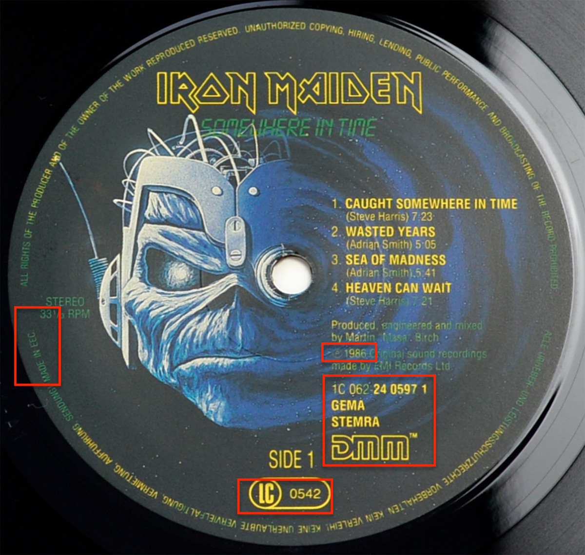 Photo of record label of IRON MAIDEN Somewhere in Time  