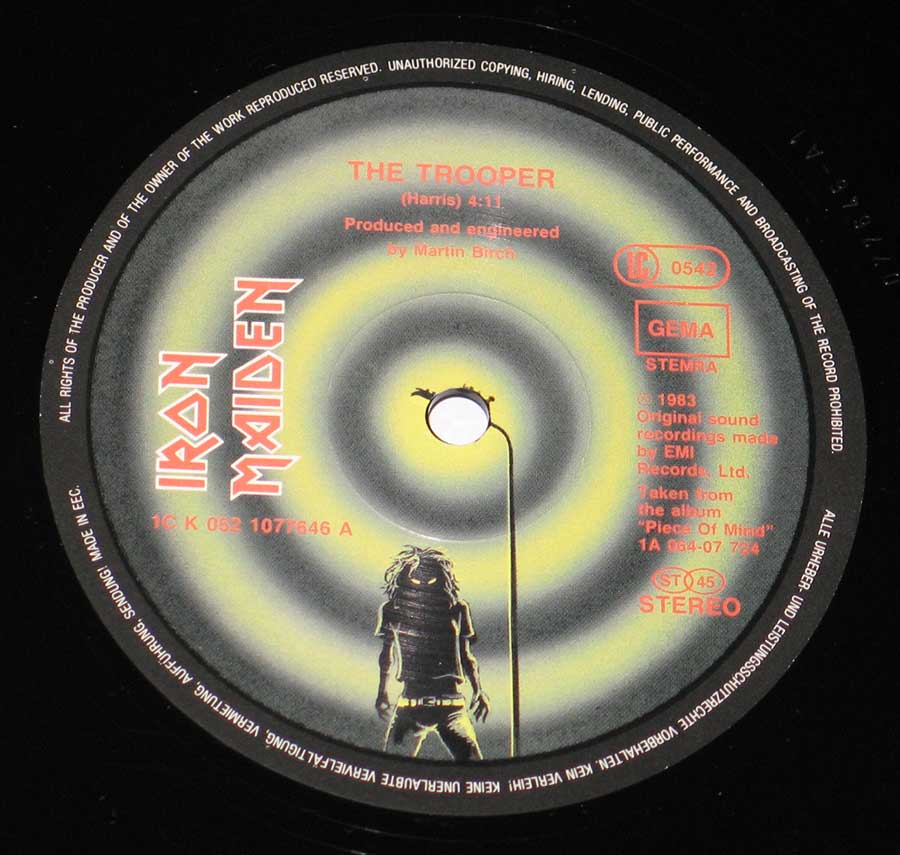 Close up of record's label IRON MAIDEN - The Trooper (12" Maxi Single) Super Sound Version Side Two