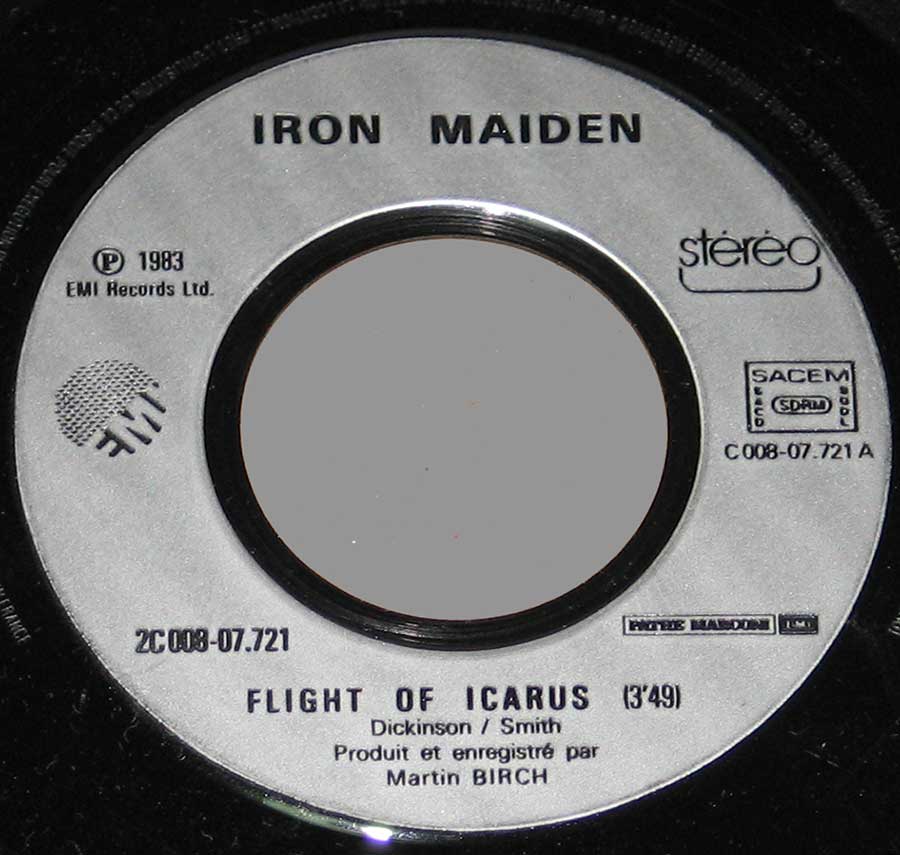 IRON MAIDEN - Flight Of The Icarus France 7" Single Picture Sleeve Vinyl enlarged record label